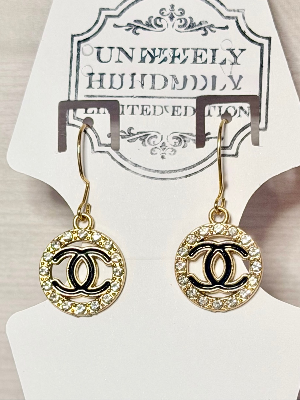 CC Gold Crystal Double-C Logo Drop Earrings - Designer Style